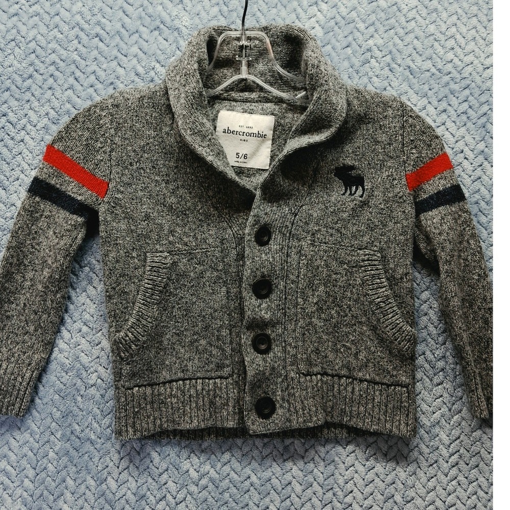 Abercrombie Kids Grey Marl Shawl Collar Cardigan Sweater Stripe Sleeve Size 5/6